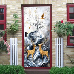 2pcs Nordic Style Lucky Golden Deer Wall Sticker Modern Minimalist Living RoomDecorative Sticker Self Adhesive Removable Abstract Line Art with Flying Birds and Tree Branches Bedroom Background Wall Dec