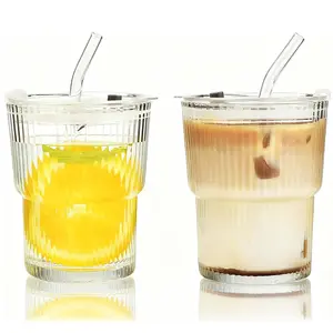 Vertical Ribbed Glass Cup Set with Lid and Straw, Large Capacity Water Mug for Milk Coffee Juice, 2-Piece Thickened Glassware