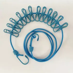 Blue Clothesline Rope 1.8m Long with 12 Clips, Stretchable Up to 3m, Durable Laundry Line for Outdoor Use, Essential Home Organizer