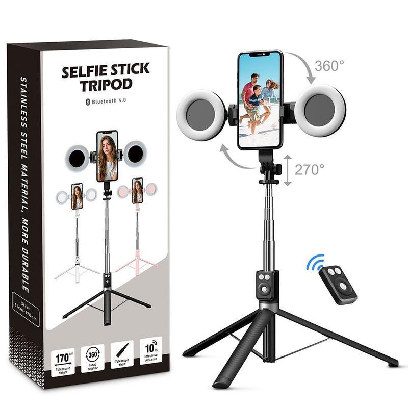 6-in-1 Selfie Tripod with Dual Fill Lights & Wireless Remote Portable Adjustable Phone Stand Detachable 360° Compact Travel Tripod for Live Broadcasts & Outdoor Adventures Android Bluetooth Expandable Smartphone Cellphone Stick Cable Steel