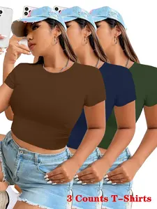 Women's Solid Round Neck Crop Tee, Casual Basic Short Sleeve T-shirt for Daily Wear, Ladies Clothes for All Seasons, Top