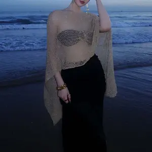 Women's Gold Glitter Sheer Knit Cover Up - Asymmetrical Draped Batwing Sleeve Beach Top - Boho Vacation Outfit