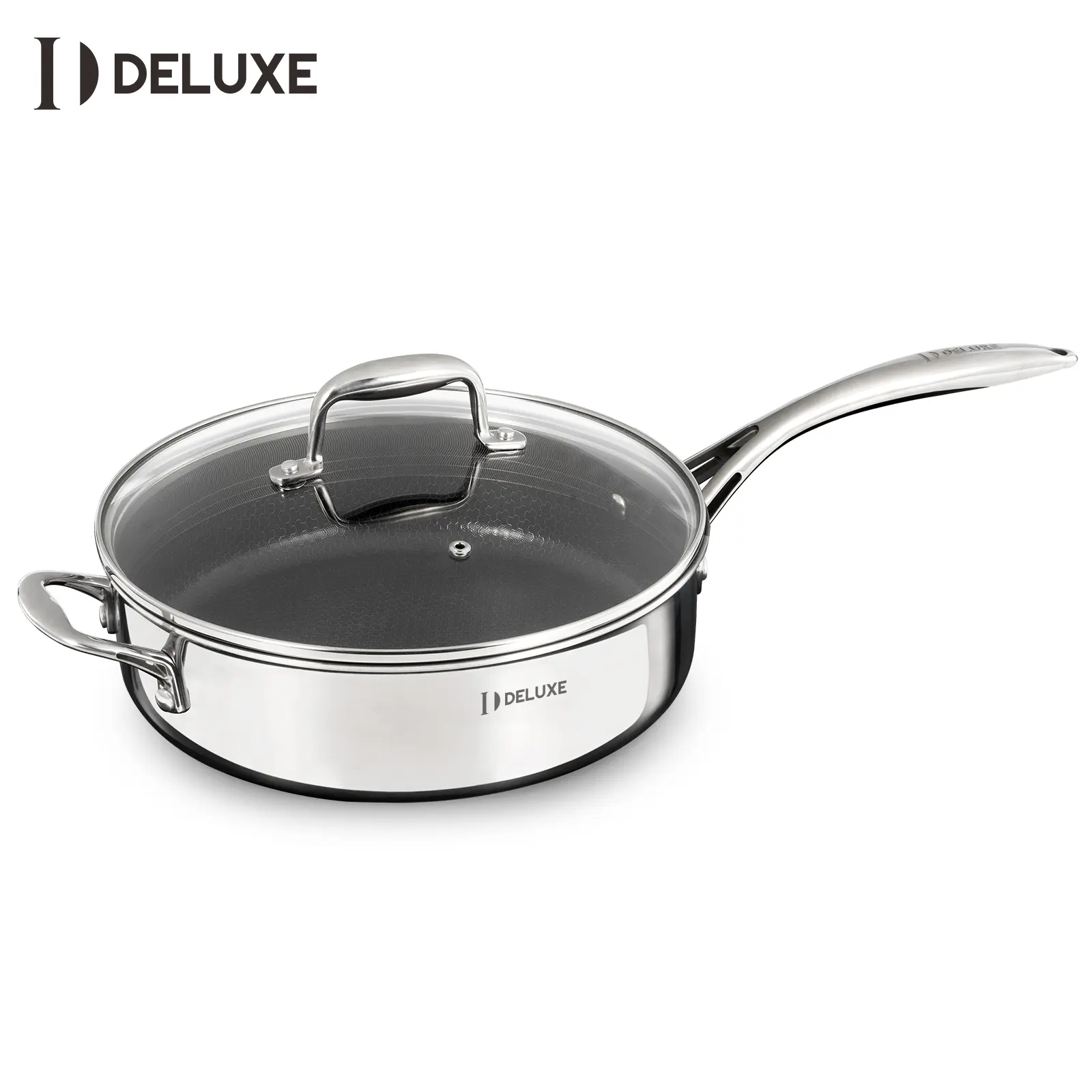 DELUXE Hybrid Ceramic Nonstick 3.7 Qt Deep Sauté Pan with Glass Lid, Stainless-Steel & Aluminium Core Cookware