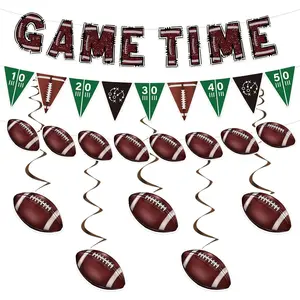 Time Football Decorations - 8 count Pre-strung  Party Banner Garland Pennant Bunting  Swirls Green Brown Paper Happy Birthday Supplies Decor for  Rugby Fans Boy Men