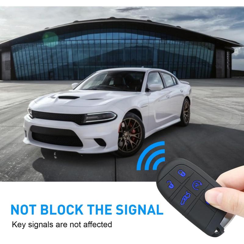 for Dodge Key Fob Cover with Keychain for Dodge Charger Challenger Dart Durango Journey Replacement Remote Control 3 4 5 Buttons Key Fob Shell (Blue Trim, 1 PC)