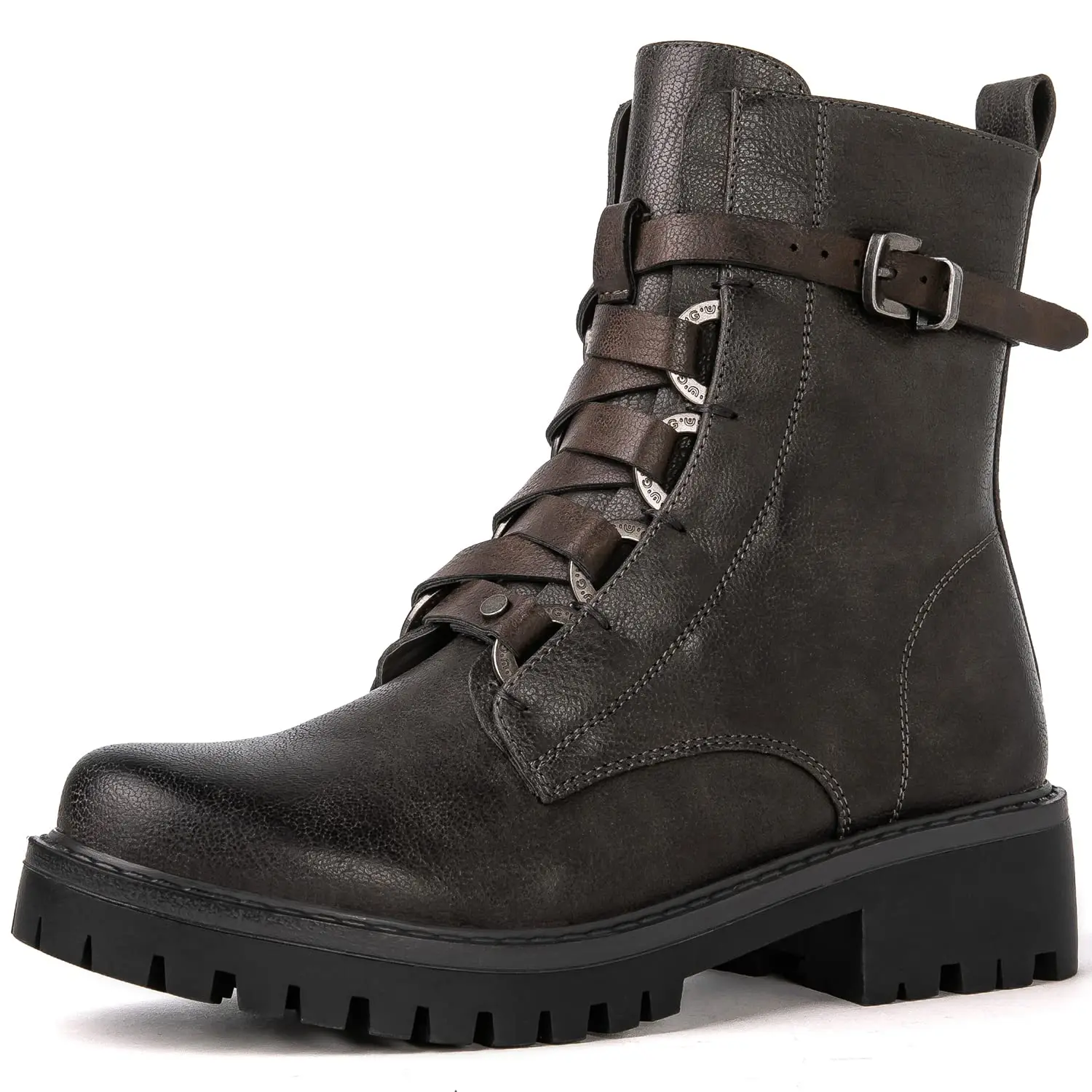GLOBALWIN Women's Combat Boots Grey Low Heel Buckle Strap Ankle Boots For Women 7M