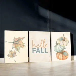3pcs Hello Fall Wall Art, Autumn Pumpkins Poster, Festive Season Art Prints, Harvest Time Home Decor, Modern Wall Paintings, Cozy Canvas Posters Wall Arts, Decor for Living Room, Restaurant, Kitchen, Bedroom, Housewarming Gift, With Frame