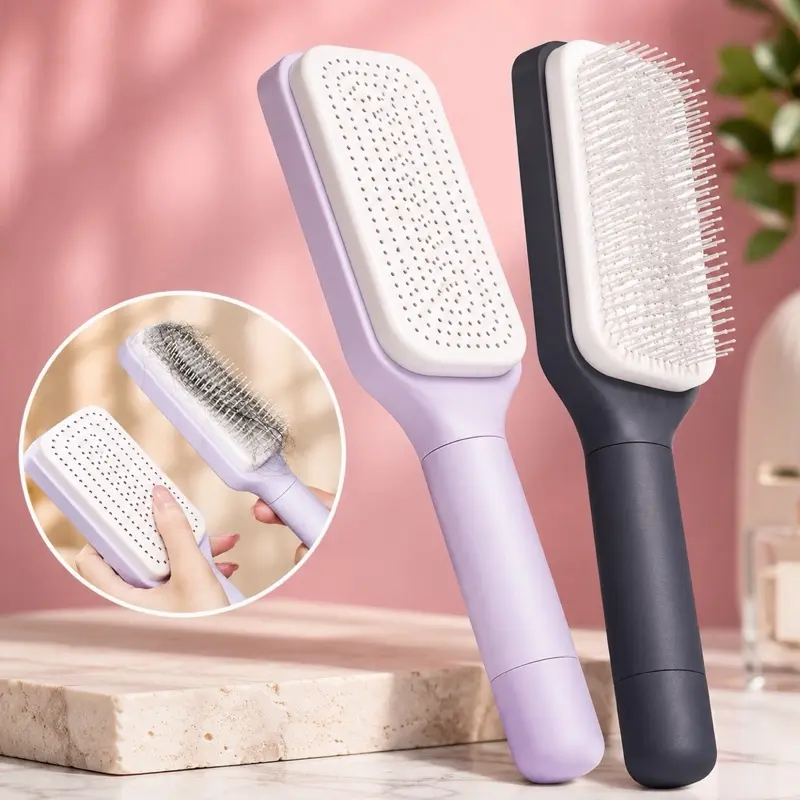 Self Cleaning Brush, Anti-static Retractable Comb, Light Purple & Gray