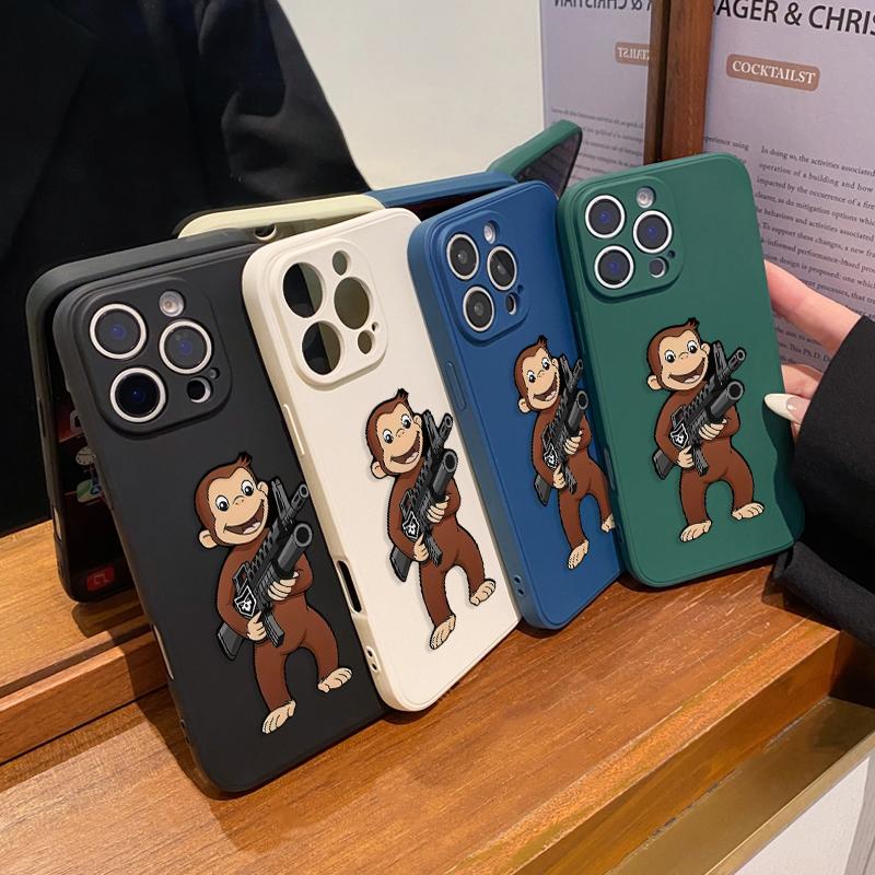 Machine Gun Monkey Pattern Straight Edge Phone Case for iPhone 17 16 Pro Max 15 14 13 12 11 Air XR E XS Plus Shockproof Non Slip Military-Grade Protection Silicone Cover