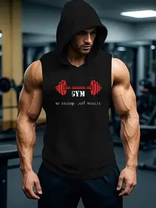 Men's Sleeveless Gym Hoodie, Red Barbell Graphic Tank Top with 'NO EXCUSES · JUST RESULTS' Motivational Slogan, Moisture Wicking Muscle Fit Activewear, Breathable Lightweight Hooded Vest, Quick Dry Athletic Shirt for Weightlifting, Sleeveless Gym Tops