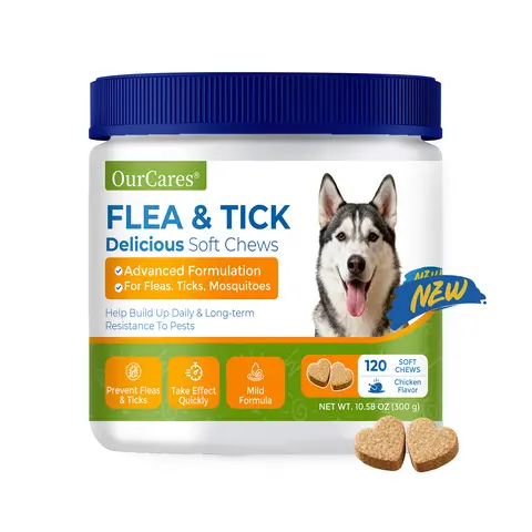 OURCARES Dog Flea & Tick Guard Soft Chews - 120-Count Plant-Based Chicken Flavor Nutritional Supplement with Probiotics, Coconut Oil, Flaxseed, Fish Oil, Easy to Give Multi-Pack for All Breeds & Ages, Continuous Coverage