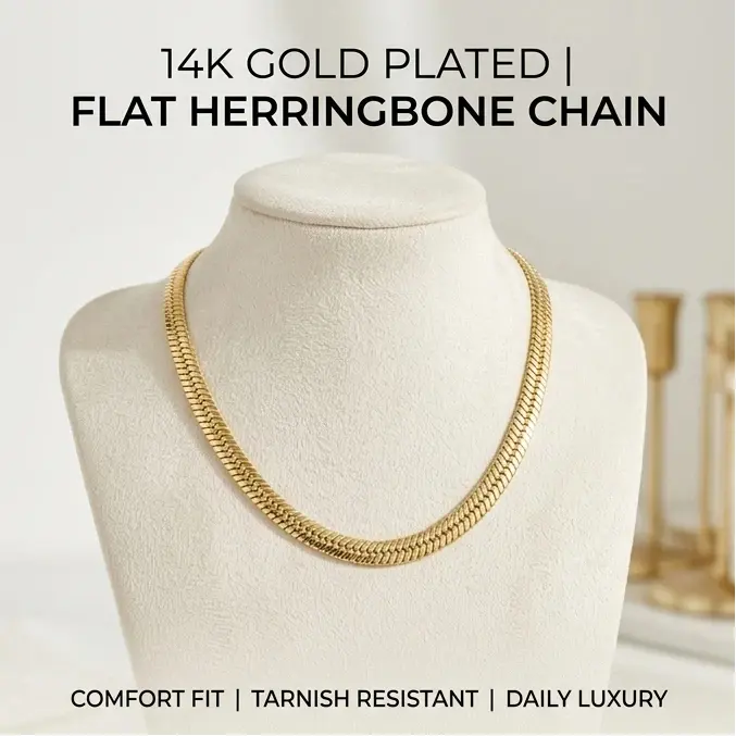 14K Gold-Plated Stainless Steel Herringbone Chain, Water-Resistant Flat Snake Chain, Resistant to Discoloration, Unisex Necklace, Layered Necklace gift