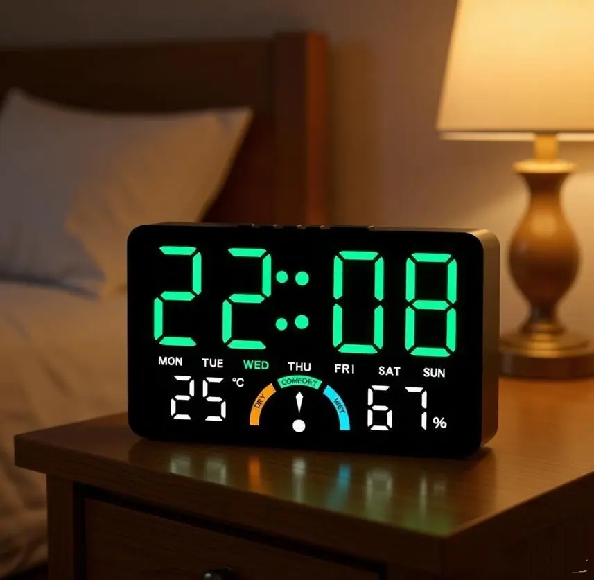 Digital Alarm Clock w/ Temp, Humidity & Comfort Indicator – 2 Alarms, Timer, Auto Dimming Light – Perfect for Bedroom
