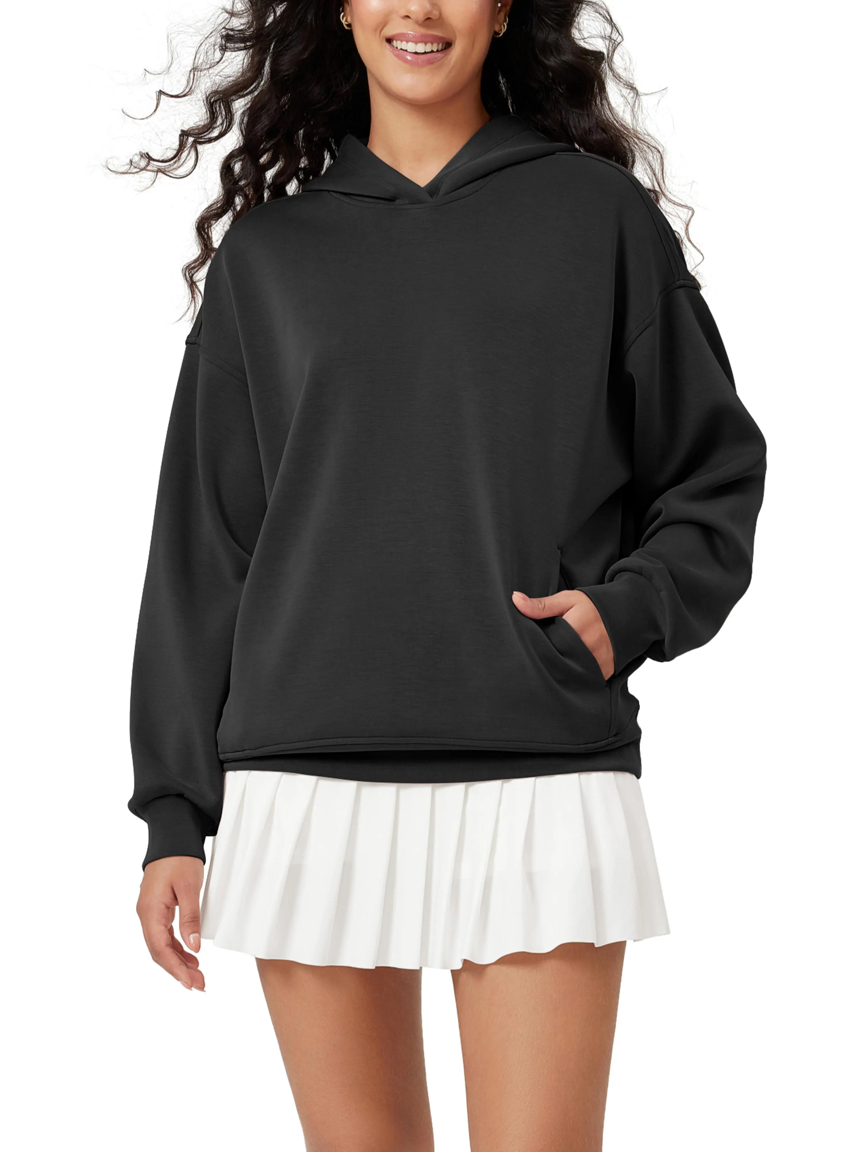 ODODOS Women's Modal-Polyester Soft Oversized Hoodie - Long-Sleeve Casual Basic Pullover with Kangaroo Pocket, Elastane Fabric, Loose-Fit Hip Design for Day Wear, Comfortable Hooded Tops for Women, Bottoms, Pockets
