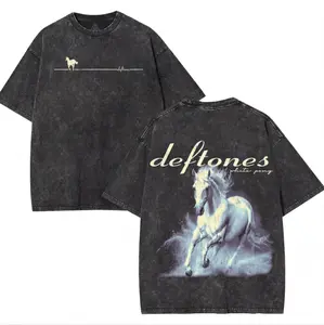 [KM 100%cotton]Mens Vintage Deftones White Pony Band T-Shirt - Classic Casual Menswear, Washed Oversize Heavy Cotton Shortsleeve Top, Unisex Alternative Metal Grunge Round Neck, Gym Outfit, Rock Concert Streetwear Gift Crewneck Tshirt funny shirts men