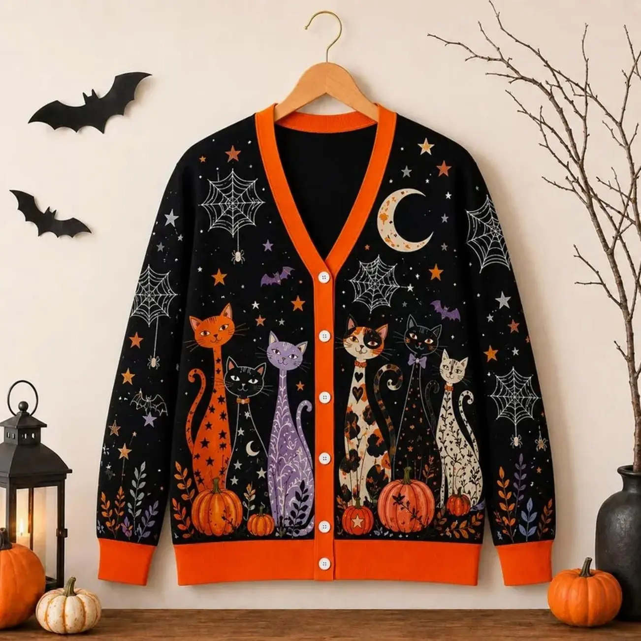 Halloween Cat Cardigan, Six Cats Pumpkin Spiderweb Moon Knitted Button Sweater, Whimsical Spooky Fall Jacket