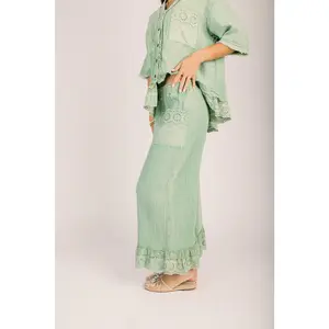 The Carlin Crochet Detail Pant in Juniper Green