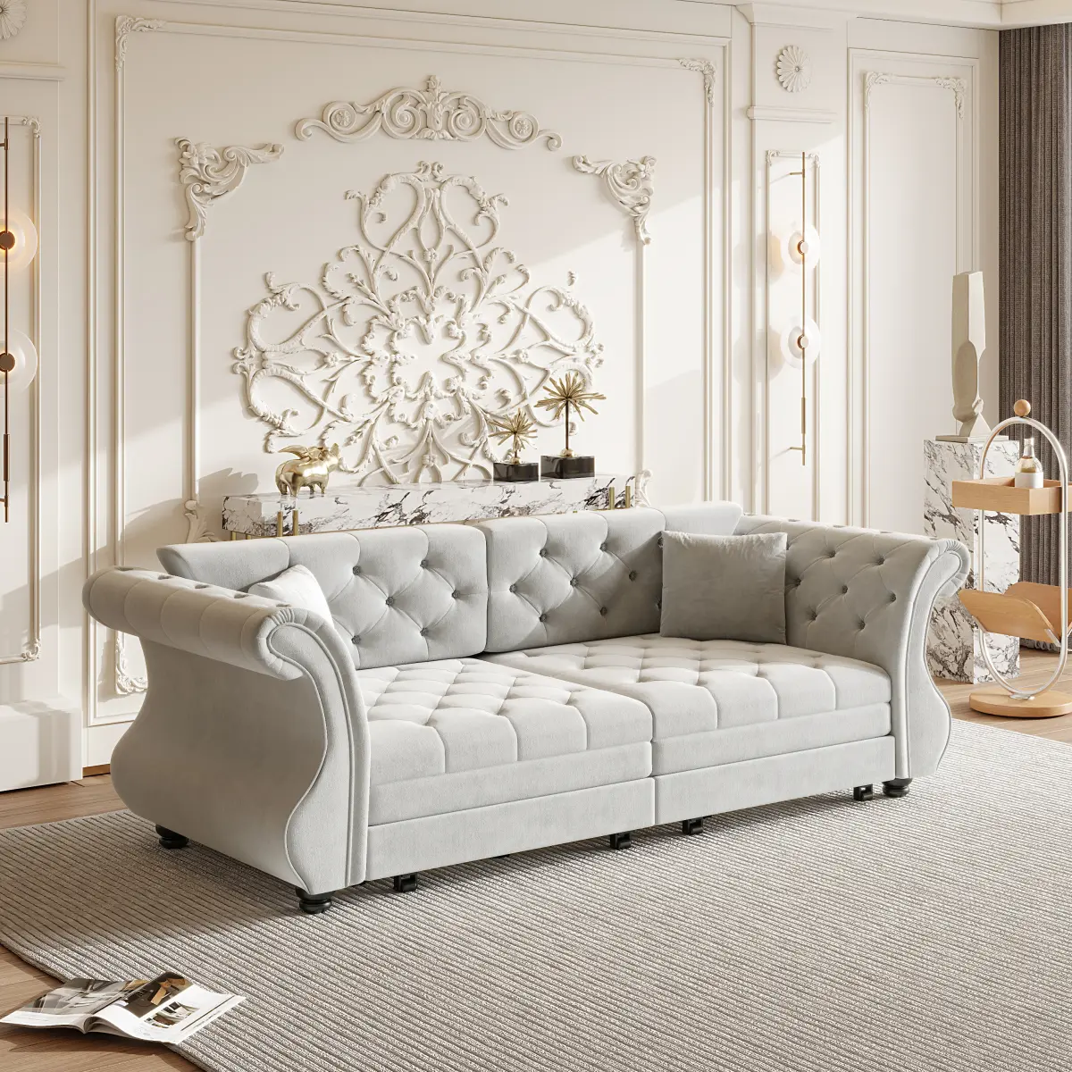 83.8" Oversized  Chesterfield Pull Out Sofa Bed, Classic Roll Arm Velvet Couch with Flower Tufting, Upholstery for Living Room/Bedroom/Apartment,Light Grey    RR