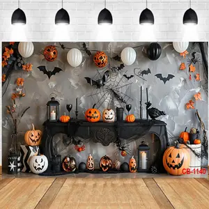 Photography Background Halloween Party Pumpkins Bats Spider Webs Black Table Holiday Celebration Photo Studio Backdrop