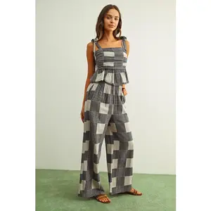 Miou Muse Navy Gingham & Stripe Patch Pants