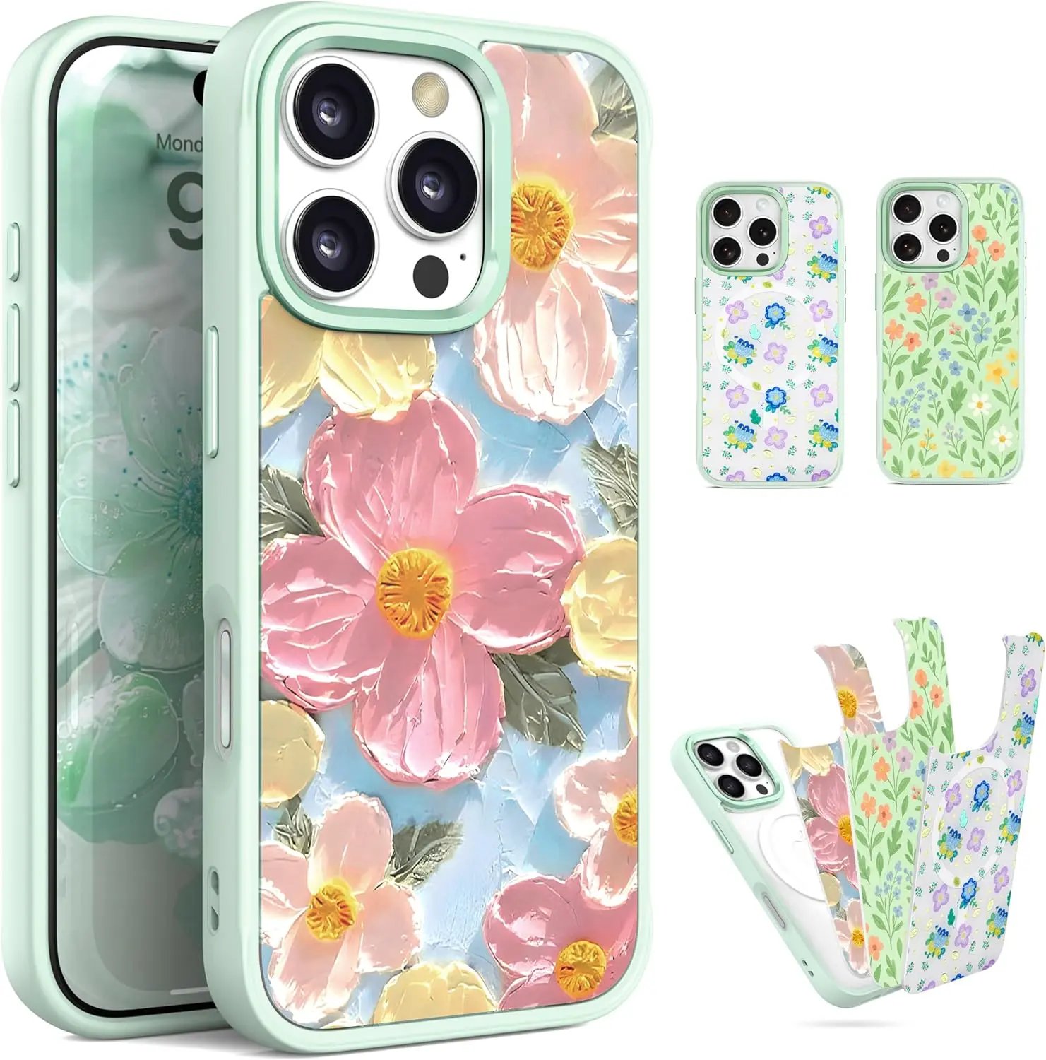 Magnetic for iPhone 15 Pro Case, Clear Phone Case with 3 Replaceable Floral Inserts, Slim Shockproof TPU Cover, Compatible with MagSafe, Cute Stylish Christmas, Valentine’s Day Gift for Women / Girls