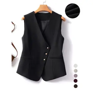 Women's solid color asymmetric button front vest jacket, elegant V-neck sleeveless jacket, women's work office business attire for spring and autumn, sports jacketRAIMENTRY