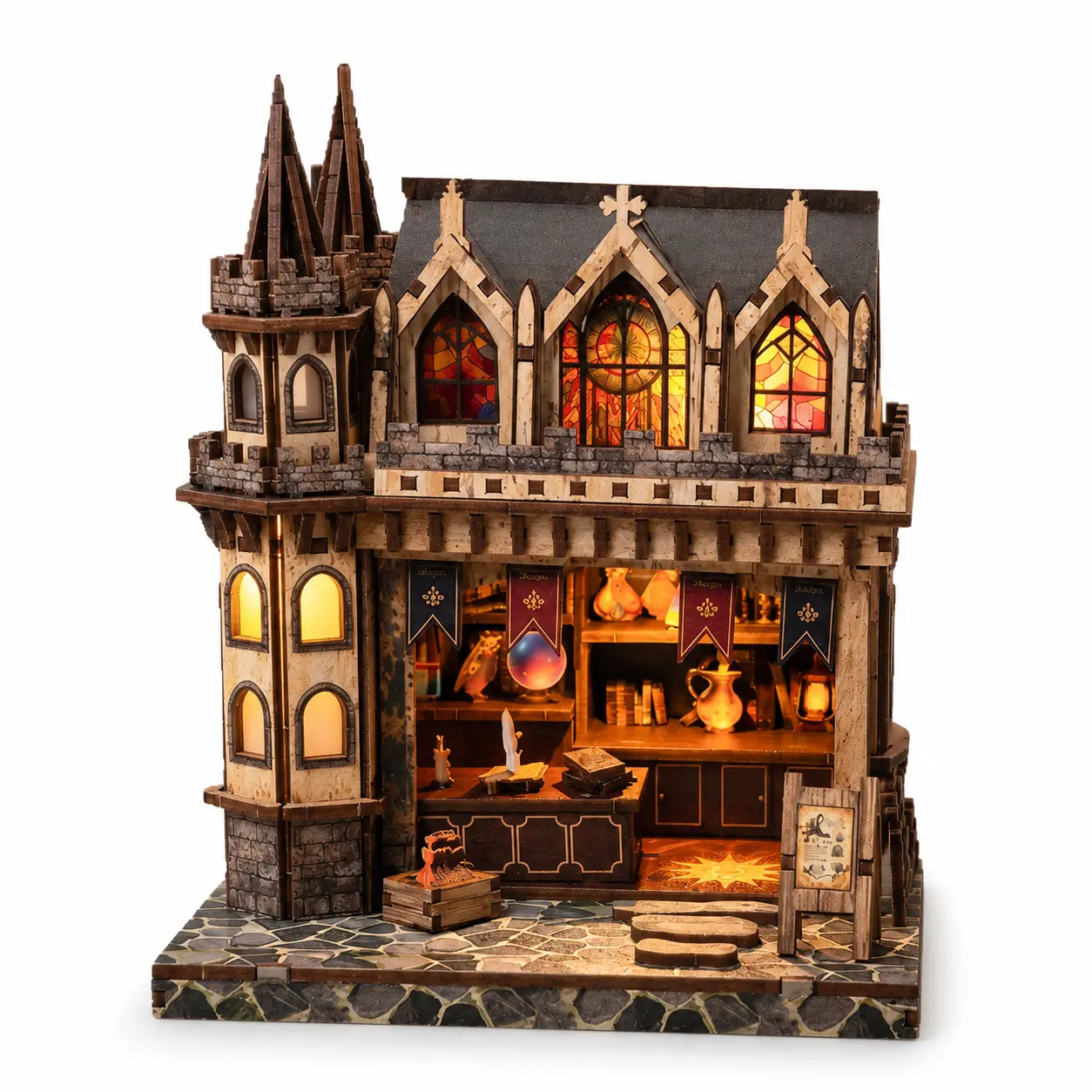 DIY Miniature House Kit, 174-Piece Wood and Paper Gothic Spire Shop with Warm LED Light, 3D Craft Model for Bookshelf, Desk Decor and Creative Adult Hobbyists