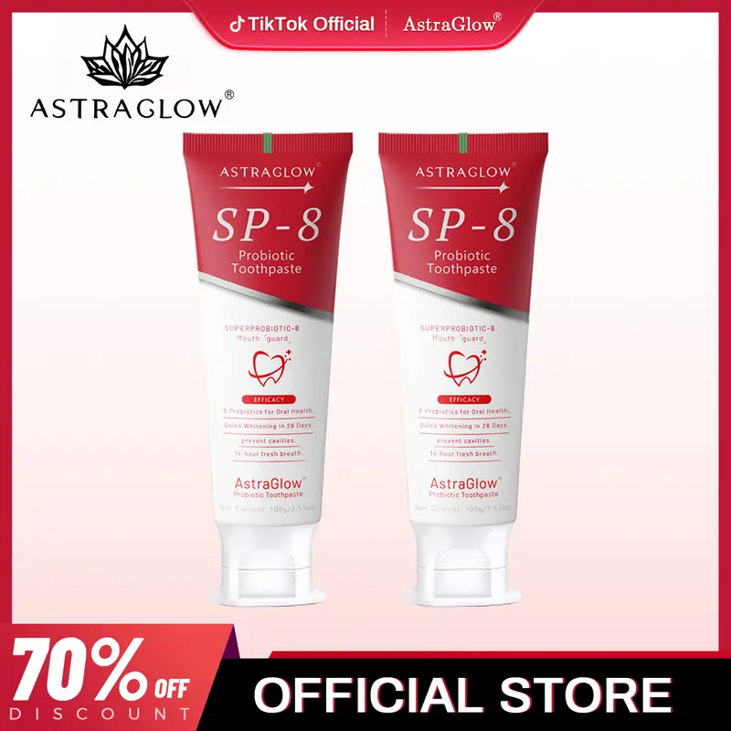 AstraGlow SP-8 Toothpaste  Probiotic  - Fluoride-Free  for Stain Removal, Cavity Prevention & Fresh Breath - 100g Each Tube