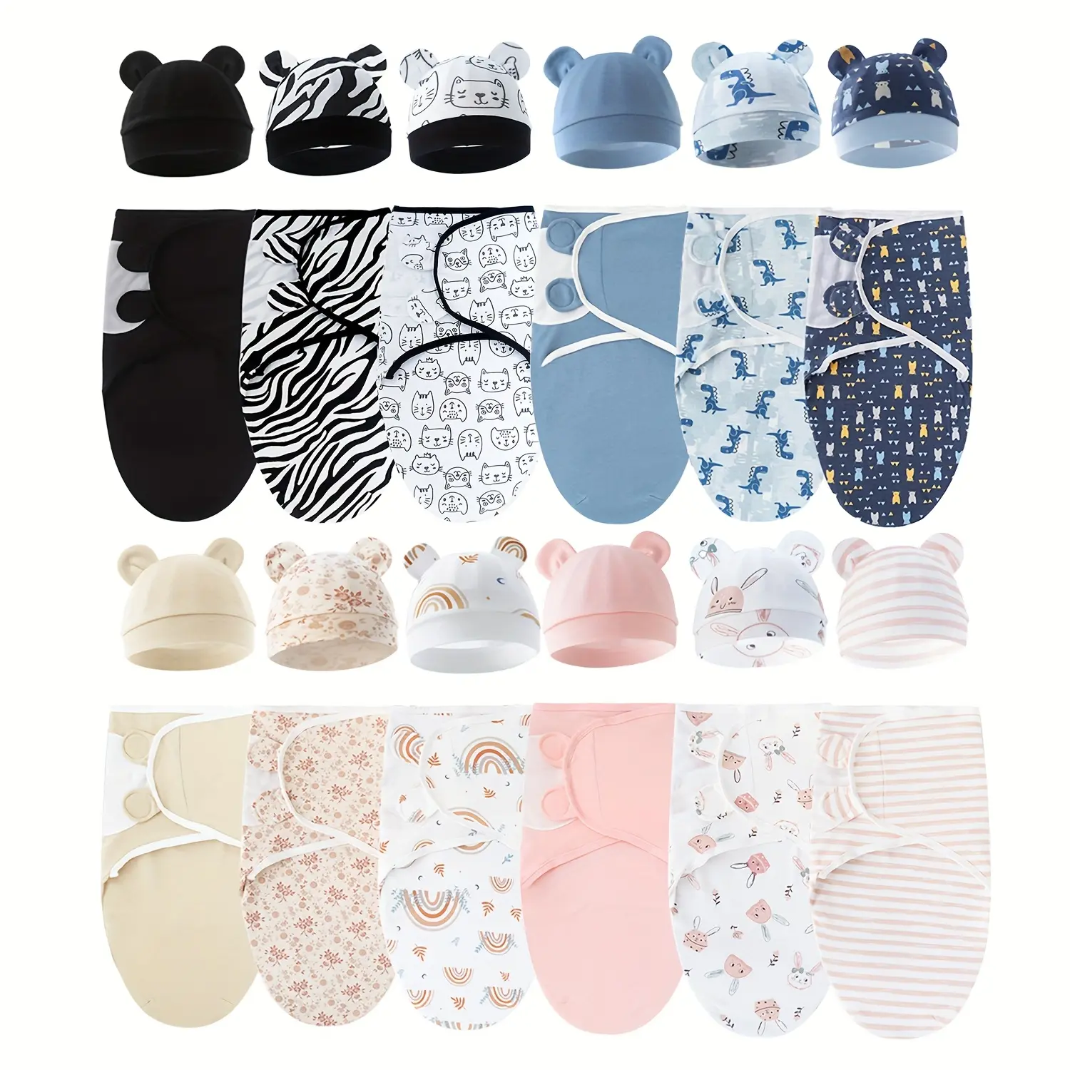 A Set of Three Swaddle Blankets And Hats for Infants, Ideal for Those Aged 0 to 3 Months. The Design of The Swaddle Resembles The Womb'S Shape And Comes in Various Colors. an Essential Swaddle for Newborns