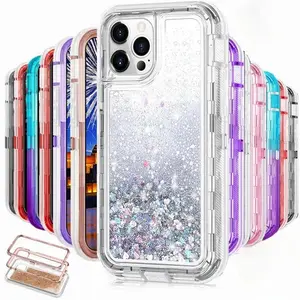For iPhone 16 15 14 13 12 11 Pro Max XS XR 8 Plus 3-in-1 Liquid Flash Glitter Phone Case Heavy Duty Anti-scratch Quicksand Cover