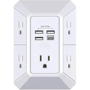 Wall Charger, Surge Protector, 5 Outlet Extender with 4 USB Charging Ports (4.8A Total) 3-Sided 1680J Power Strip Multi Plug Adapter Spaced for Home Travel Office (3U1C)