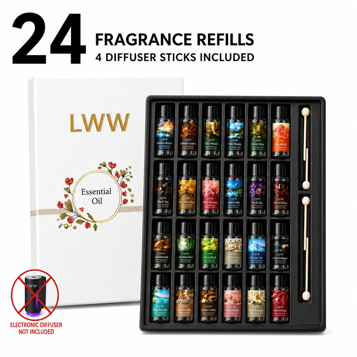 LWW Car Fragrance Set - 24-Pack 10mL Assorted Scents, 4 Diffuser Sticks, Gift Box Included for Space Enhancement, Electronic Diffuser Not Included