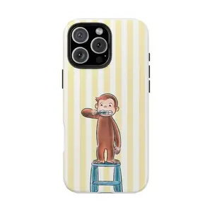 Cute Monkey Phone Case – Curious George Aesthetic Cartoon Cover, Vintage Yellow Stripe Protective Case for iPhone 16 Pro Max 15 14 13 12 11, Samsung S25 S24 S23 S22, Perez Creations Shop