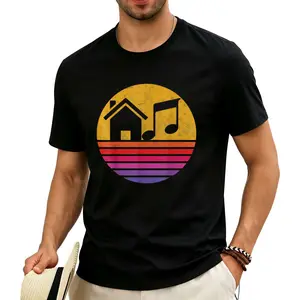 Unisex Vintage  Sunset House Music Graphic T-Shirt - 100% Cotton Relaxed Fit Tee with Slight Stretch, Vibrant Digital Print, S-XXXL Sizes for Casual Outdoor & Festival Wear