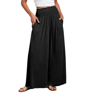 ANRABESS Women Palazzo Pants Summer Boho Bagyy Wide Leg High Smocked Waist Casual Loose Lounge Pant with Pocket Vacation Outdoor Bottoms Beach Outfits