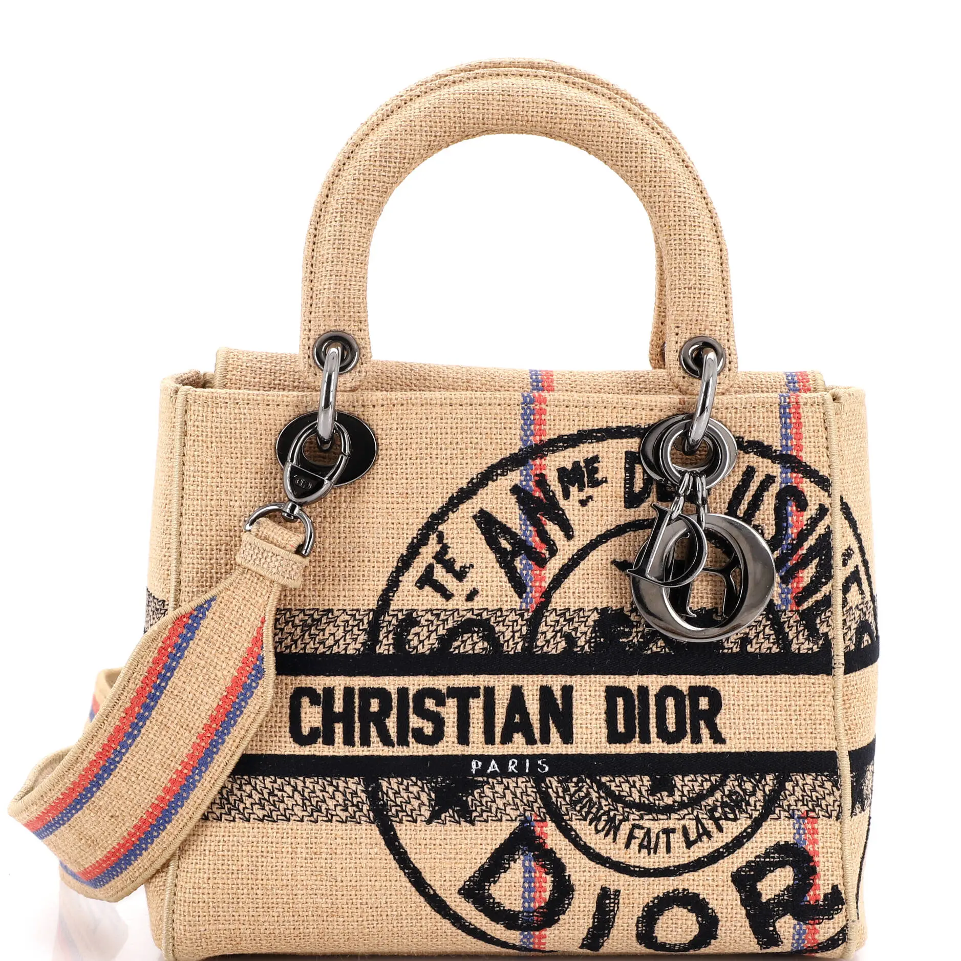 Pre-owned Dior Raffia Top Handle Bags Christian Lady D Lite Bag Embroidered Medium by Rebag