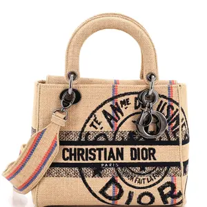Pre-owned Dior Raffia Top Handle Bags Christian Lady D Lite Bag Embroidered Medium by Rebag