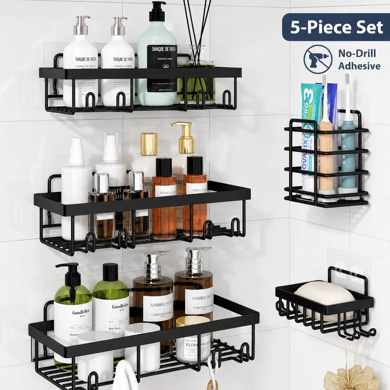 5-Piece Self-Adhesive Metal Shower Caddy Set, Durable Shower Organizer, Bathroom Accessories Organizer, Bathroom Corner Storage Baskets, No-Drill Installation, for Bathroom & Kitchen