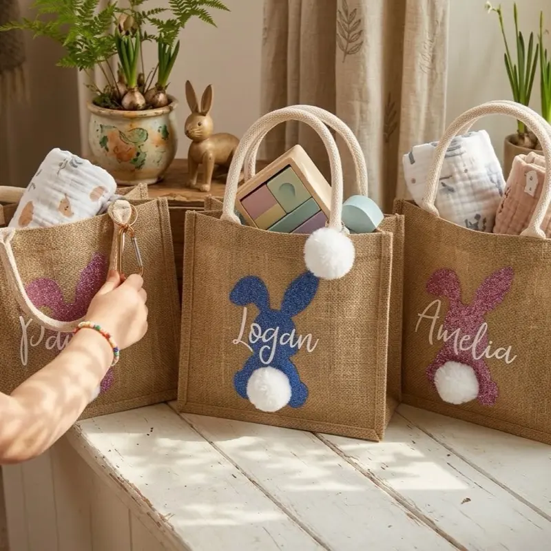 Taniri Personalized Burlap Easter Bunny Basket Bag for Child - Customizable Name, Magical Tote with Fluffy Pom-Pom Tail, Reusable Egg Hunt Container, Easter Morning & Spring Celebrations Supply