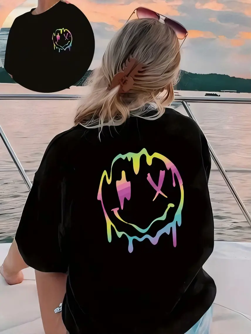 Rainbow Smiley Face T-Shirt for Women - Black Crew Neck Short Sleeve Top with Colorful Design
