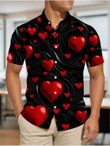 Men'S Loose Short-Sleeve Shirt with a Heart Pattern, Perfect for Casual And Fashionable Outings. It Features a Trendy And Unique Print Design, Suitable for Various Occasions Like Dating And Everyday Wear