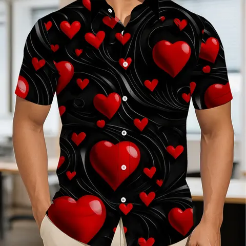 Men'S Loose Short-Sleeve Button Front Collared All Season Shirt with a Heart Pattern, Casual Button Shirts, Perfect for Casual Outings, Features a Print Design, Suitable for Various Occasions Like Everyday Wear