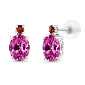 Gem Stone King 14K White Gold Gemstone Birthstone and Garnet Dangle Stud Earrings For Women | Oval 8X6MM | Round 2.5MM | Elegant Two-Stone Design | Classic Fine Jewelry Earrings