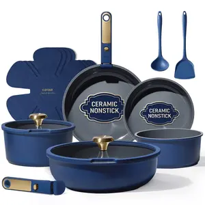 Carote 15 Pcs Ceramic Cookware Set, Non Stick Pots and Pans with Detachable Handles, Oven Safe, Induction Cookware, Stackable Kitchen Set