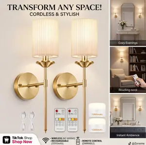 Battery Operated Wall Sconce, Coldless 5000mAh/13000mAh Rechargeable Battery Wall Sconce, Wireless Sconces Set of 2 Wall Lamp/Lights for Wall Painting, Bedroom, Living Room, Night Light (Gold)