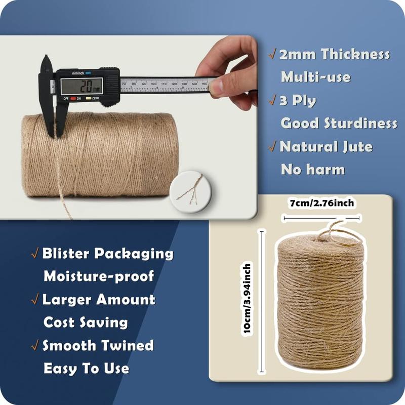 Natural Jute Twine 600 Feet Long Twine String for Crafts Gift Wrapping Packing Gardening Wedding Decor (Brown 2mm * 600feet)