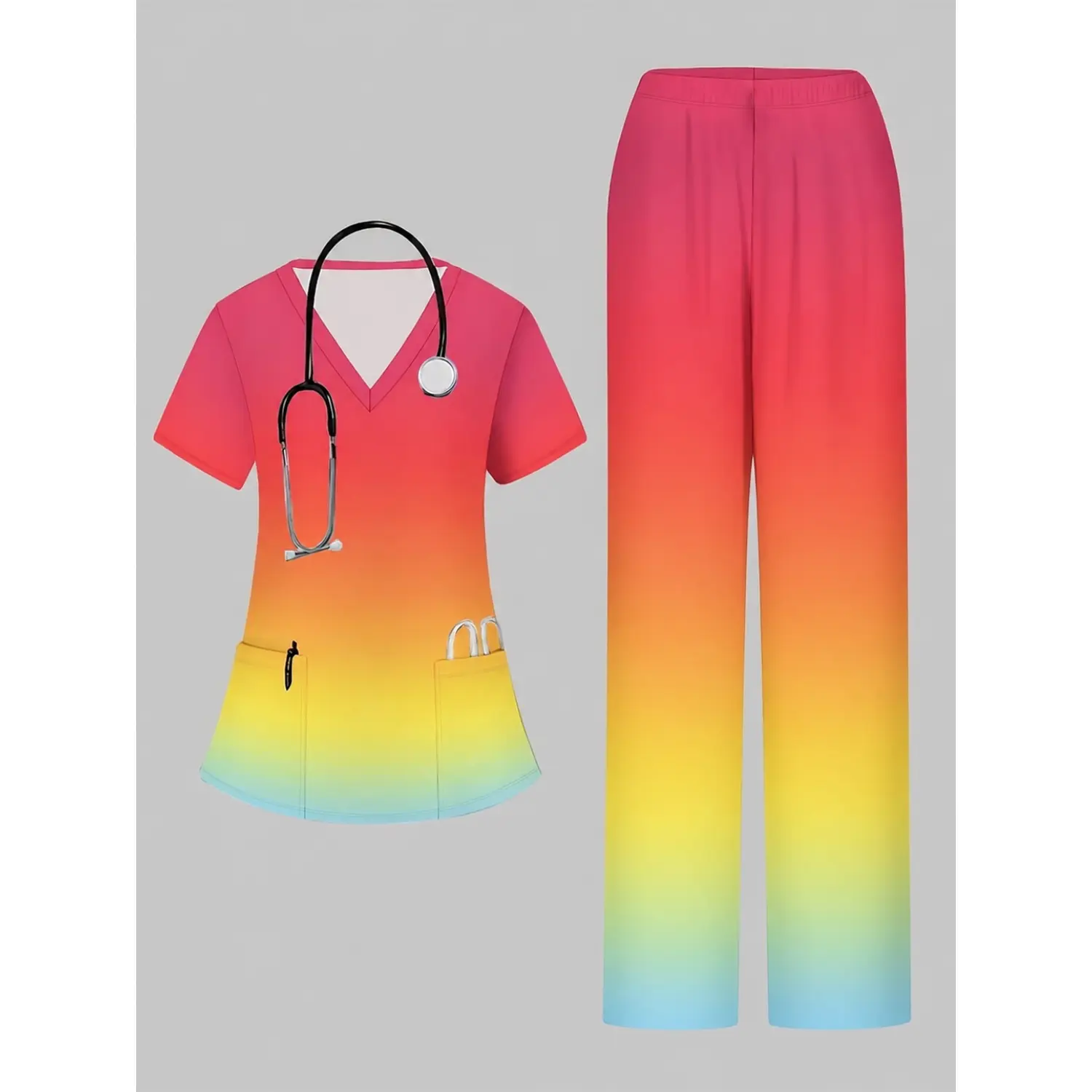 Rainbow Gradient V-Neck Scrub Set for Nurses, Stretch Medical Uniform Top and Pants with Multiple Utility Pockets