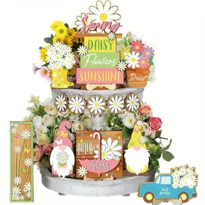 Wooden Letter & Flower & Car Design Tiered Tray Decoration Set, 16pcs/set Cute Desktop Decoration Set, Novelty Desk Decor, Home Decor for Living Room Bedroom