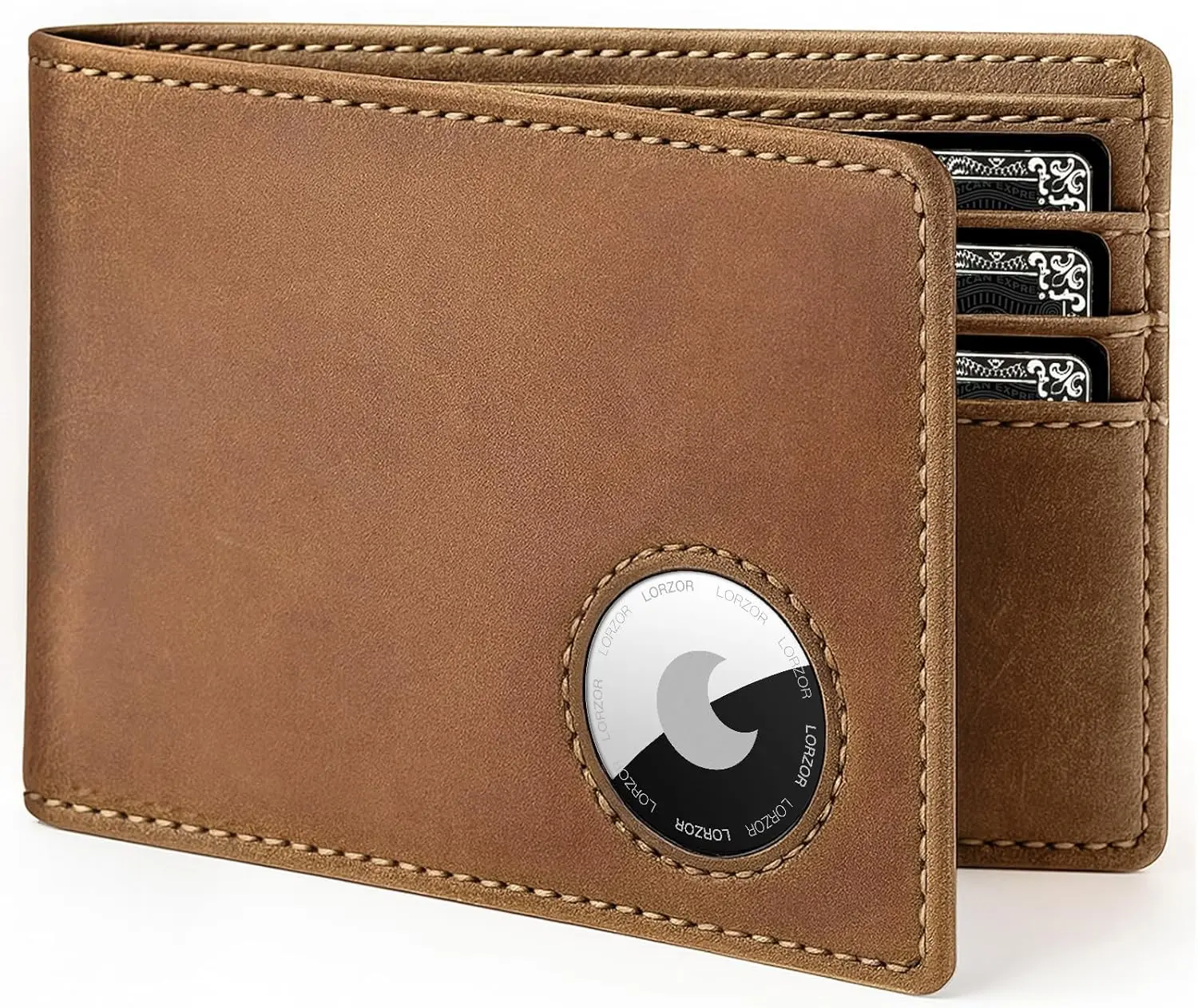 LORZOR Bifold AirTag Leather Wallet A1 Wallet for Apple AirTag, Bifold Full Grain Leather AirTag Wallet for Men, RFID Blocking Minimalist Front Pocket Air Tag Wallet, ID Window, up to 12 Cards Gifts for HimLO