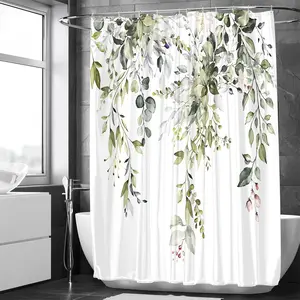 Plants Pattern Bath Curtain, Waterproof Shower Curtain with Hooks & 1 Count Random Color Strap, Bathroom Curtain for Home Decor, Bathroom Accessory, Bathroom Decoration Accessories